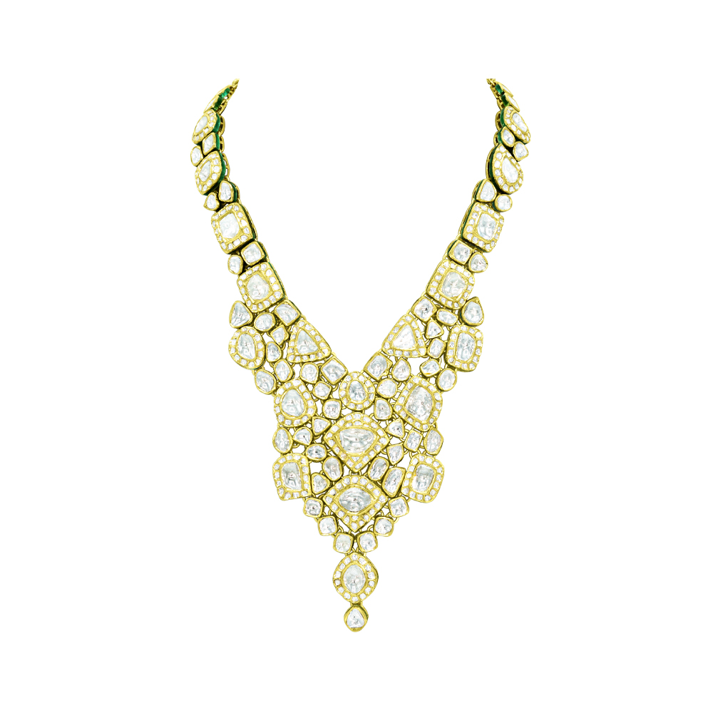 V-Shaped Polki Set with Cascading Uncut Diamonds